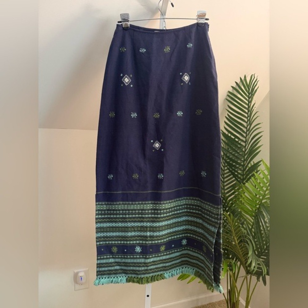 Vtg Free People Embroidered‎ Loom Woven Midi Skirt Fringe Hem Boho Festival